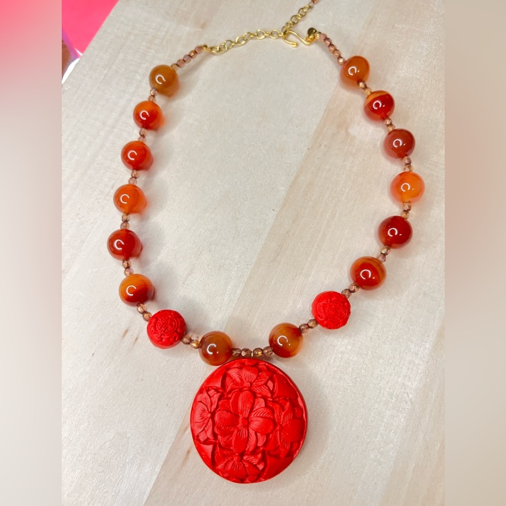 KJL Canton Necklace Faux Cinnabar Czech Republic Glass Beaded "Canton Necklace"